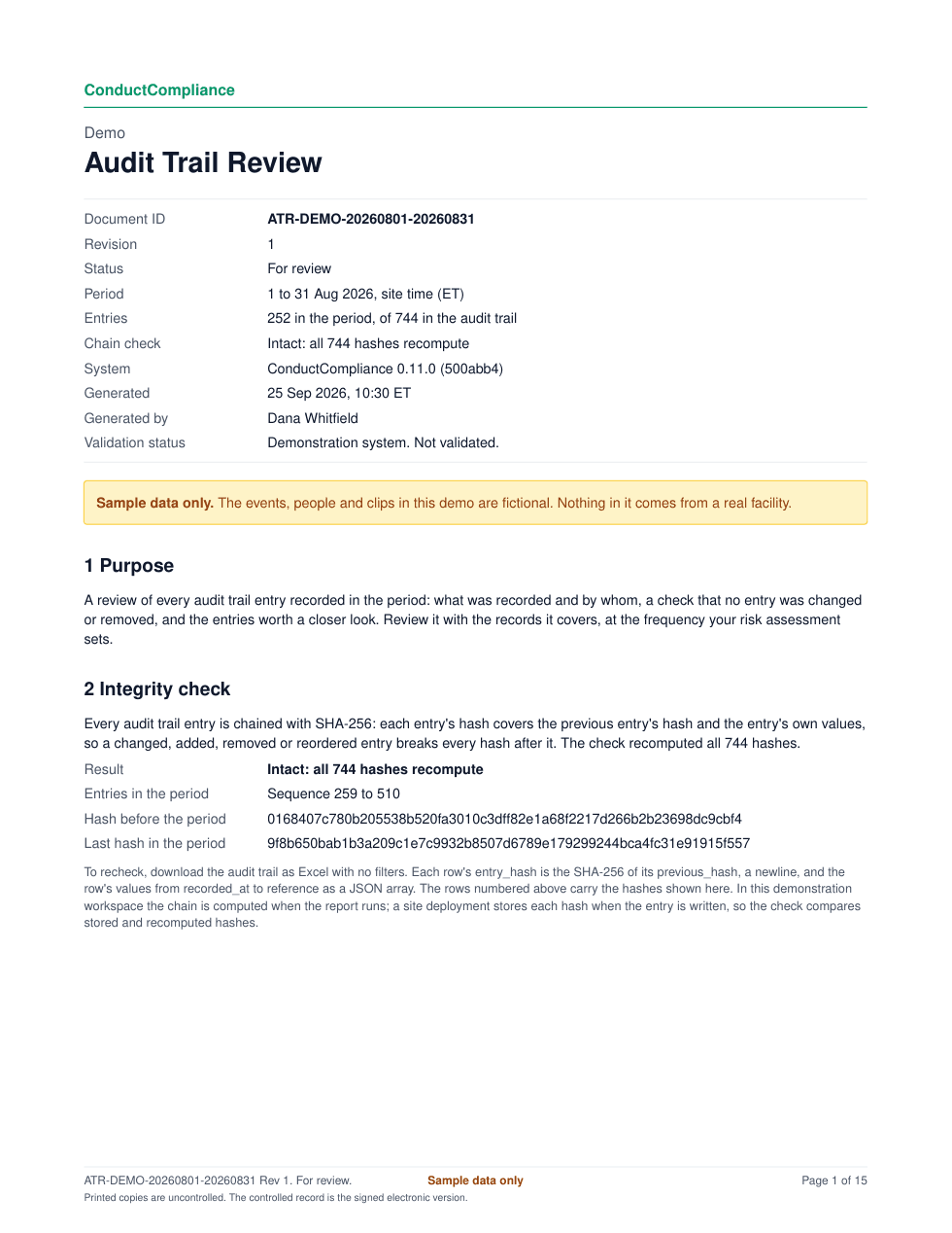 Page 1 of an Audit Trail Review for August 2026: document control, the chain check result, the sequence range and the hashes before and at the end of the period.