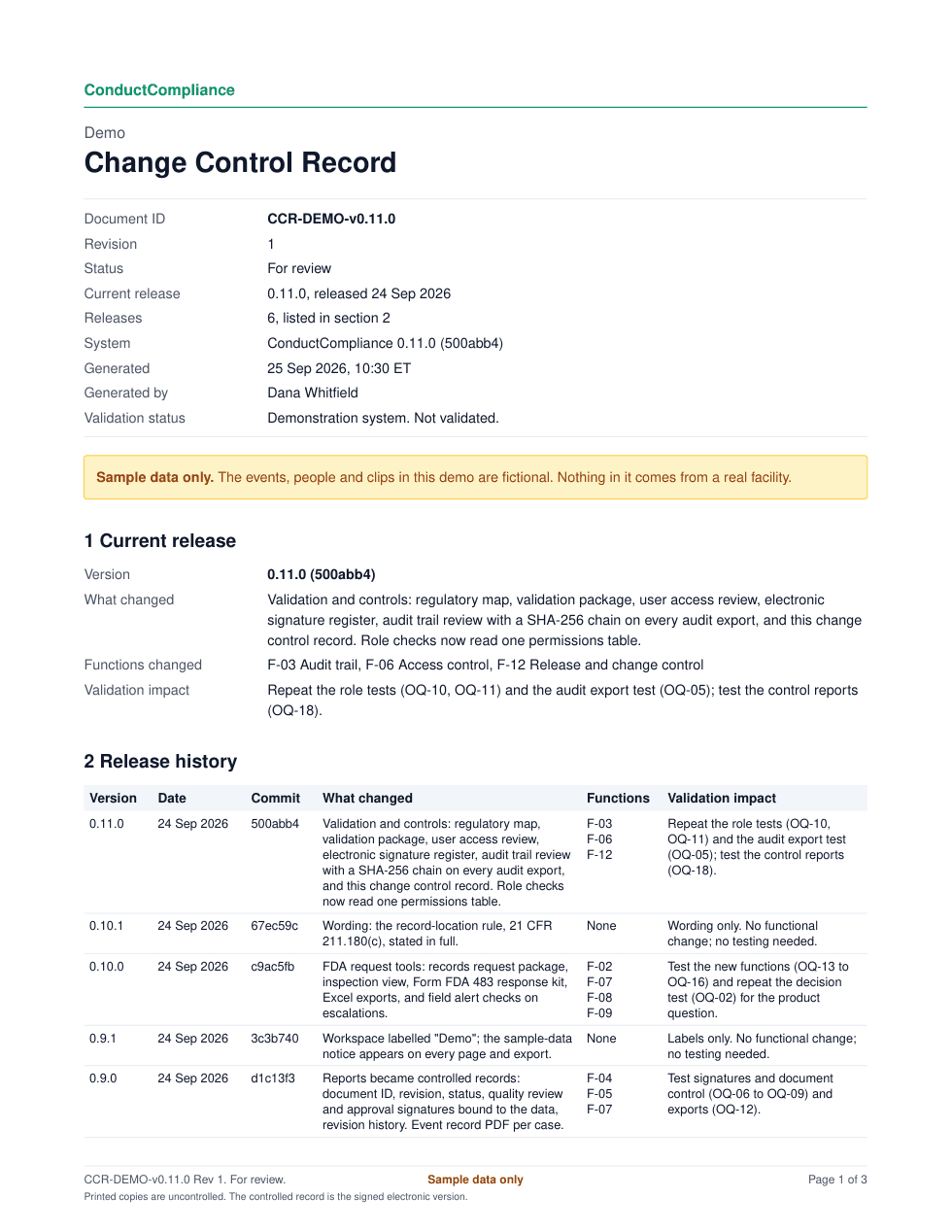 Page 1 of a Change Control Record: the current release, what changed, the functions it touched, its validation impact and the release history.