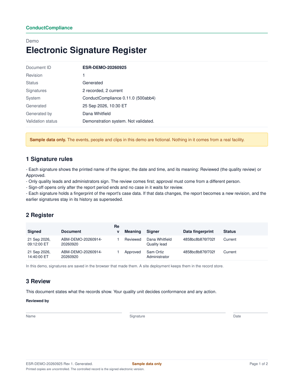 Page 1 of an Electronic Signature Register: the signature rules and a table of signatures with meaning, signer, fingerprint and status.