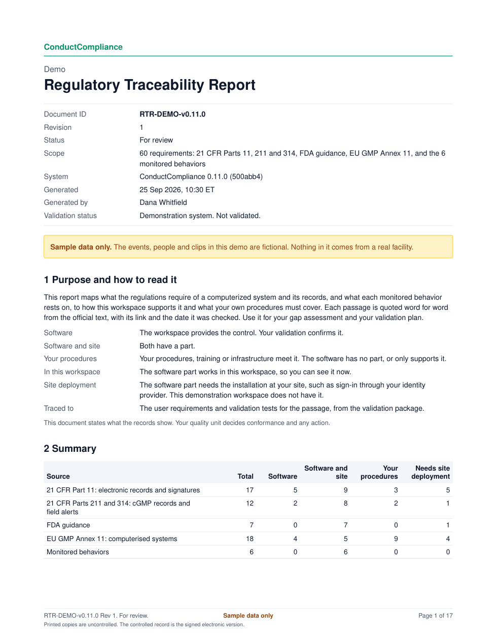 Page 1 of a Regulatory Traceability Report: how to read it and a summary of requirements by source and responsibility.