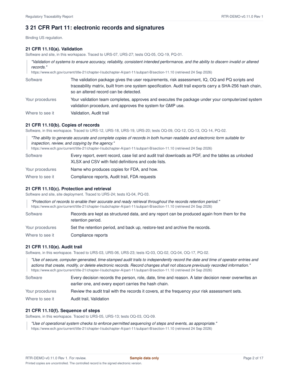 Page 2 of a Regulatory Traceability Report: Part 11 clauses, each with its quote, what the software does, what your procedures cover and where to see it.
