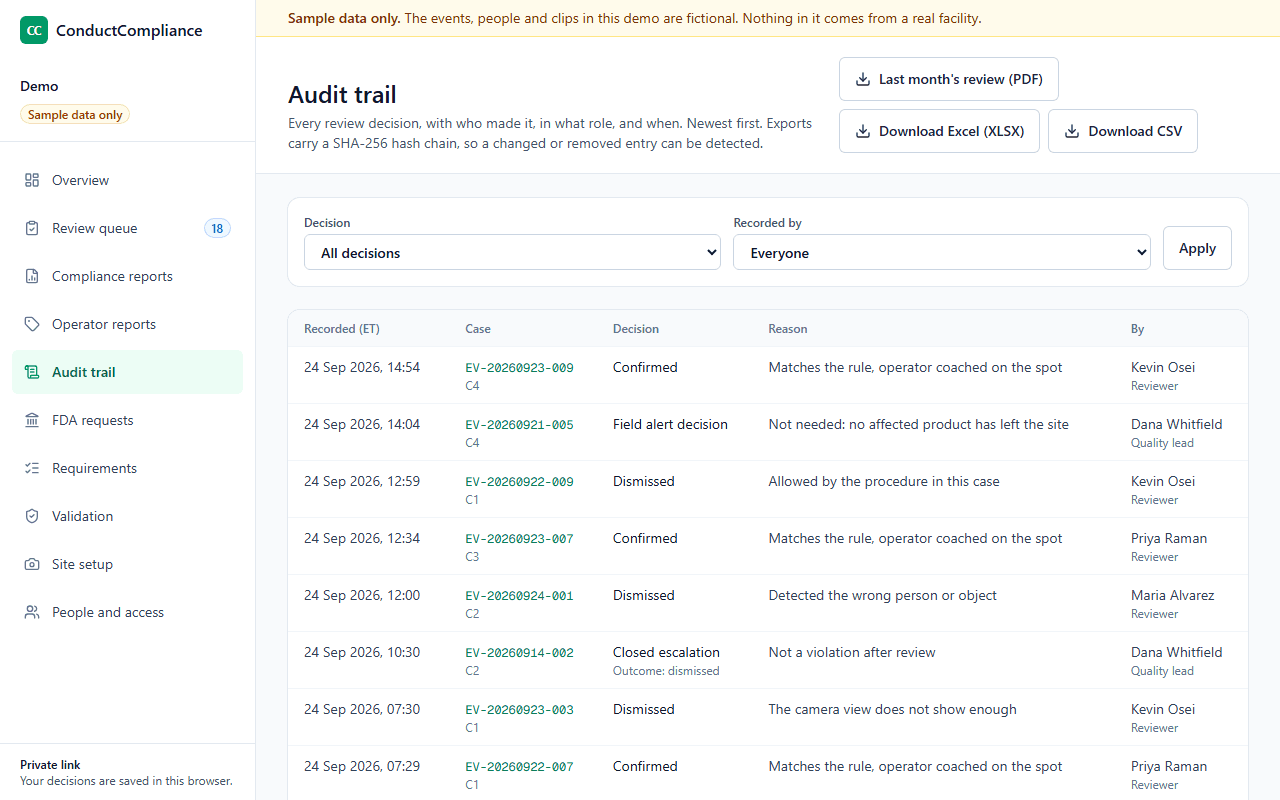 The audit trail page, listing each decision with its time, case, decision, reason and the person and role who recorded it, with Excel and CSV downloads.