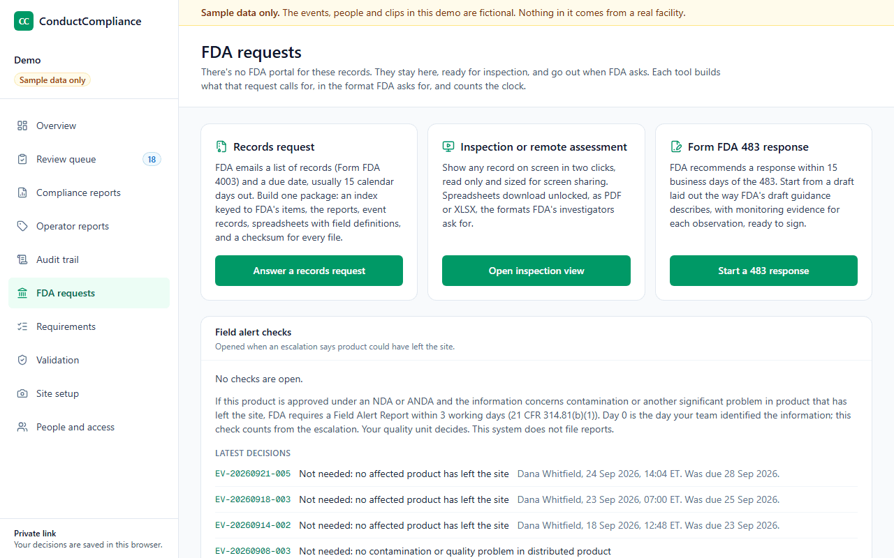 The FDA requests page, with tools for a records request, an inspection or remote assessment, and a Form FDA 483 response.