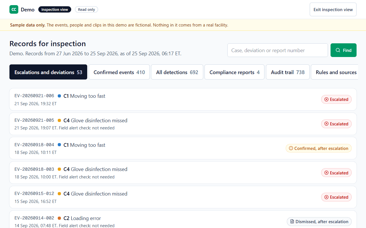 The read-only inspection view, with tabs for escalations, confirmed events, detections, reports, the audit trail and the rules.