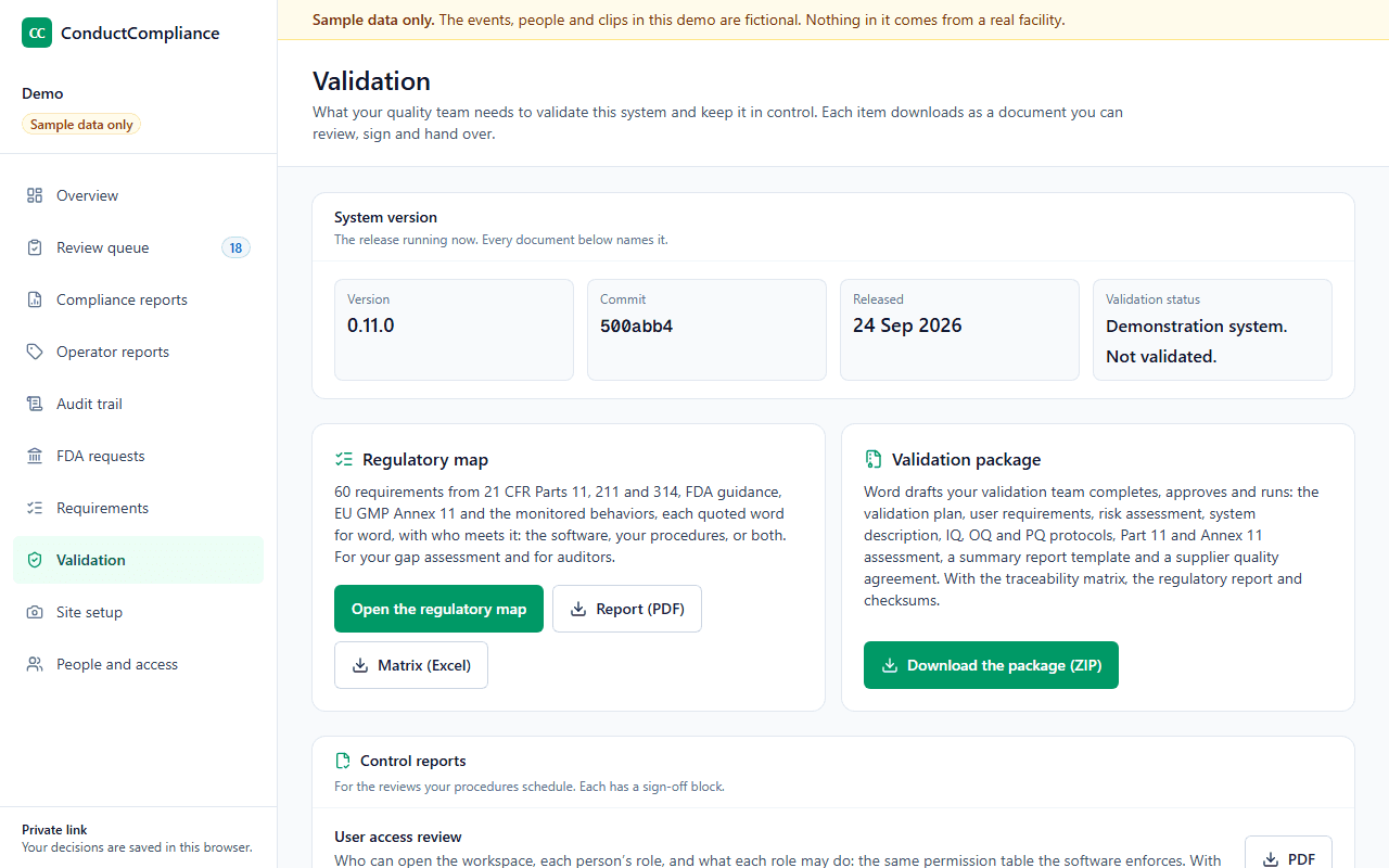 The Validation page in the GMP workspace, showing the system version, the regulatory map, the validation package download and the control reports.